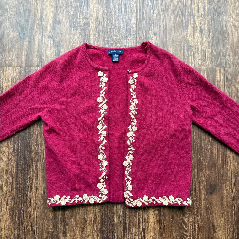 Women’s Ann Taylor Red Wool Cardigan With Cream Embroidery - Size S